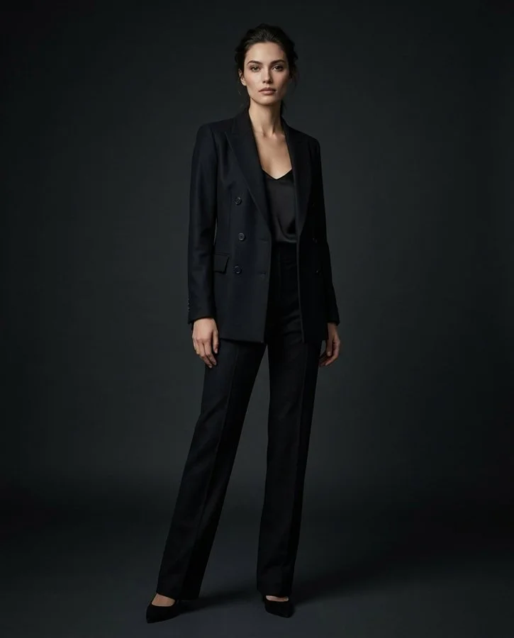 A model in a black suit in a dark studio