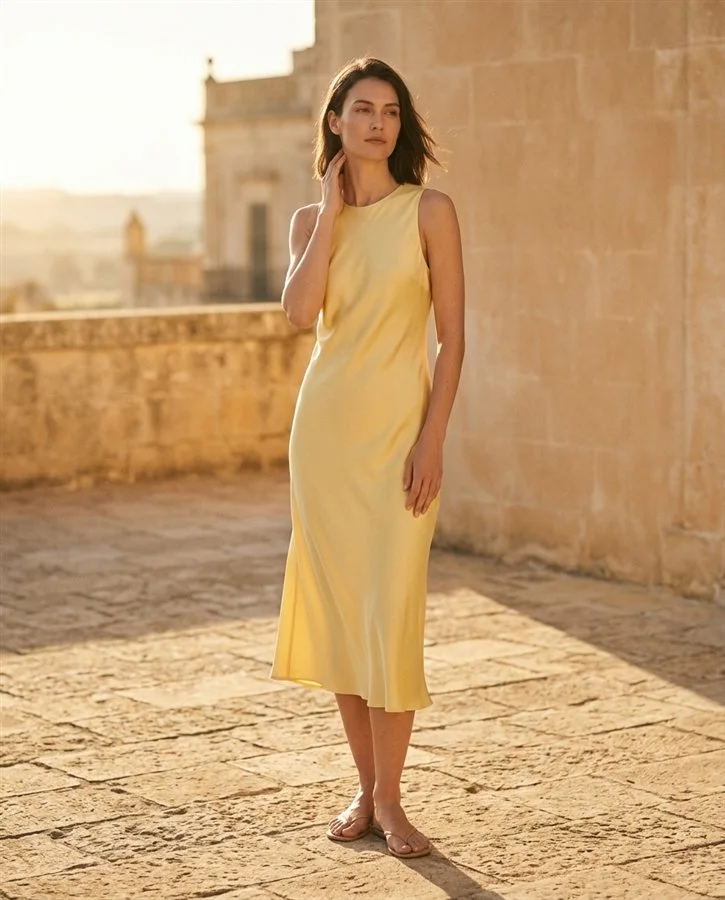 A model in a yellow slip dress on a sunlit terrace