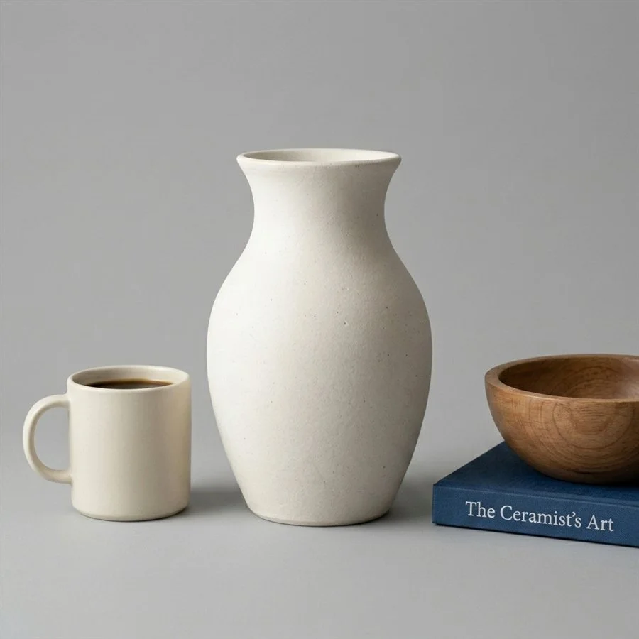 A white ceramic vase, a mug and a wooden bowl on a grey table