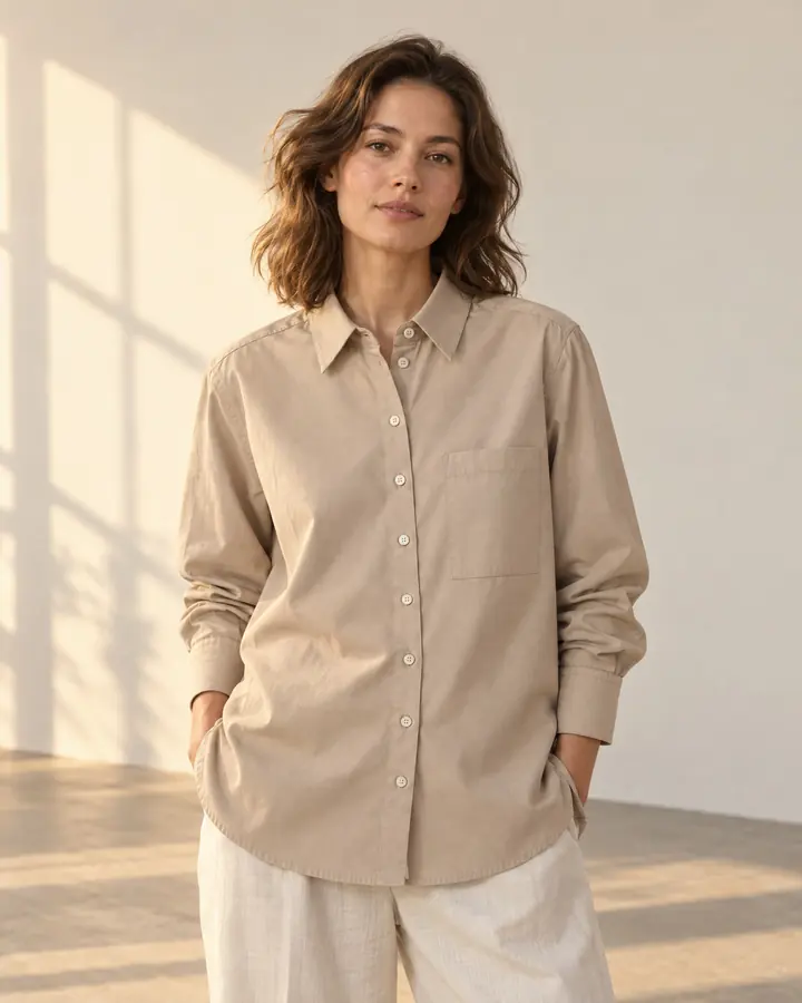 A model in a beige shirt in warm window light