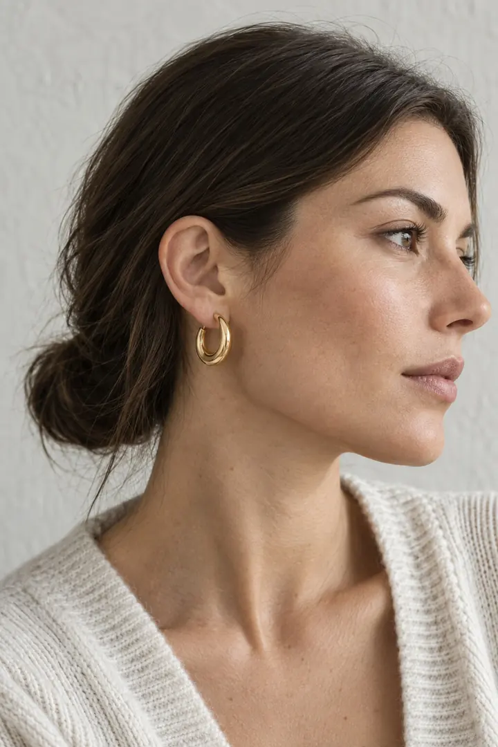 A model in profile wearing gold hoop earrings