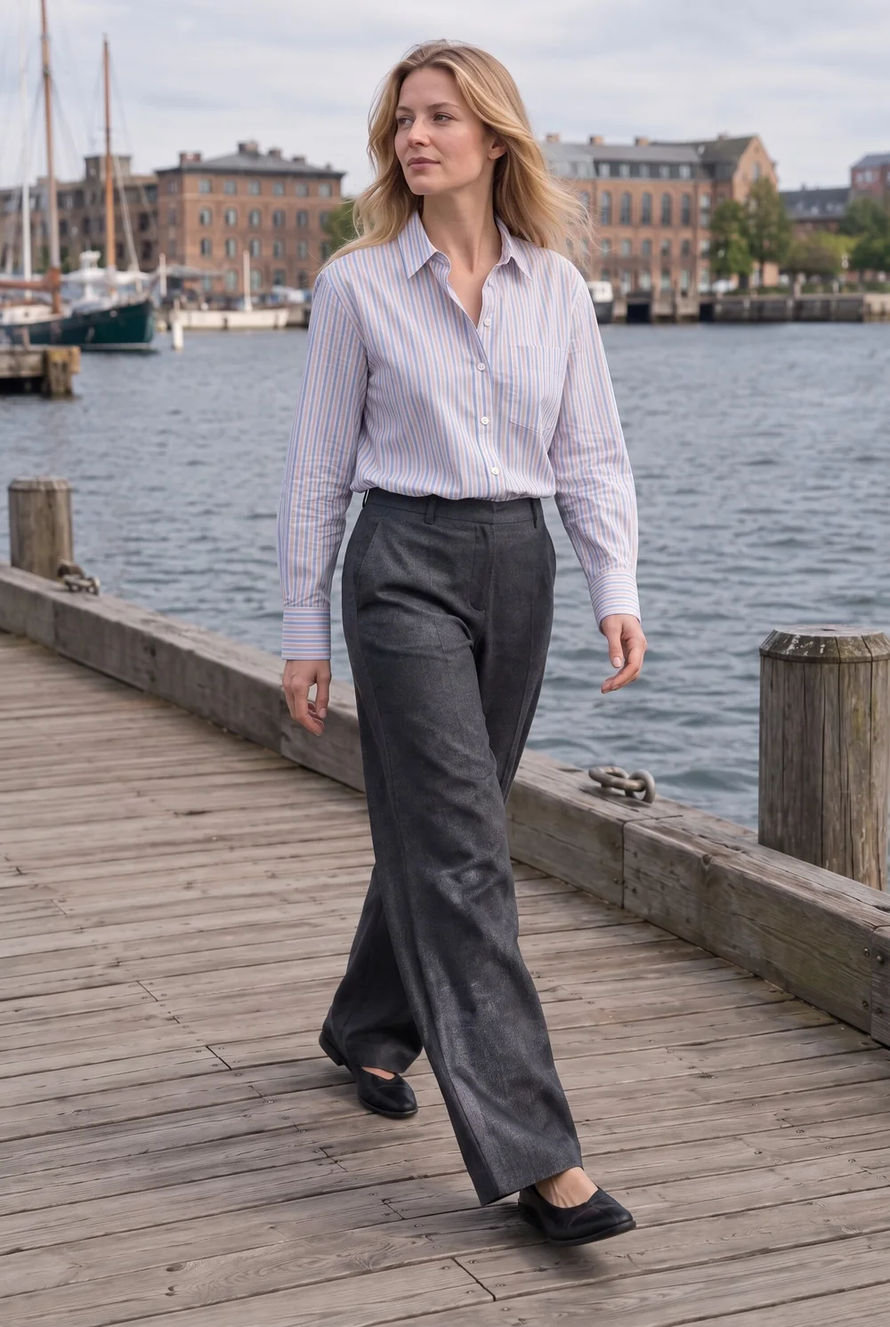 The same striped shirt worn by a model walking on a harbor boardwalk
