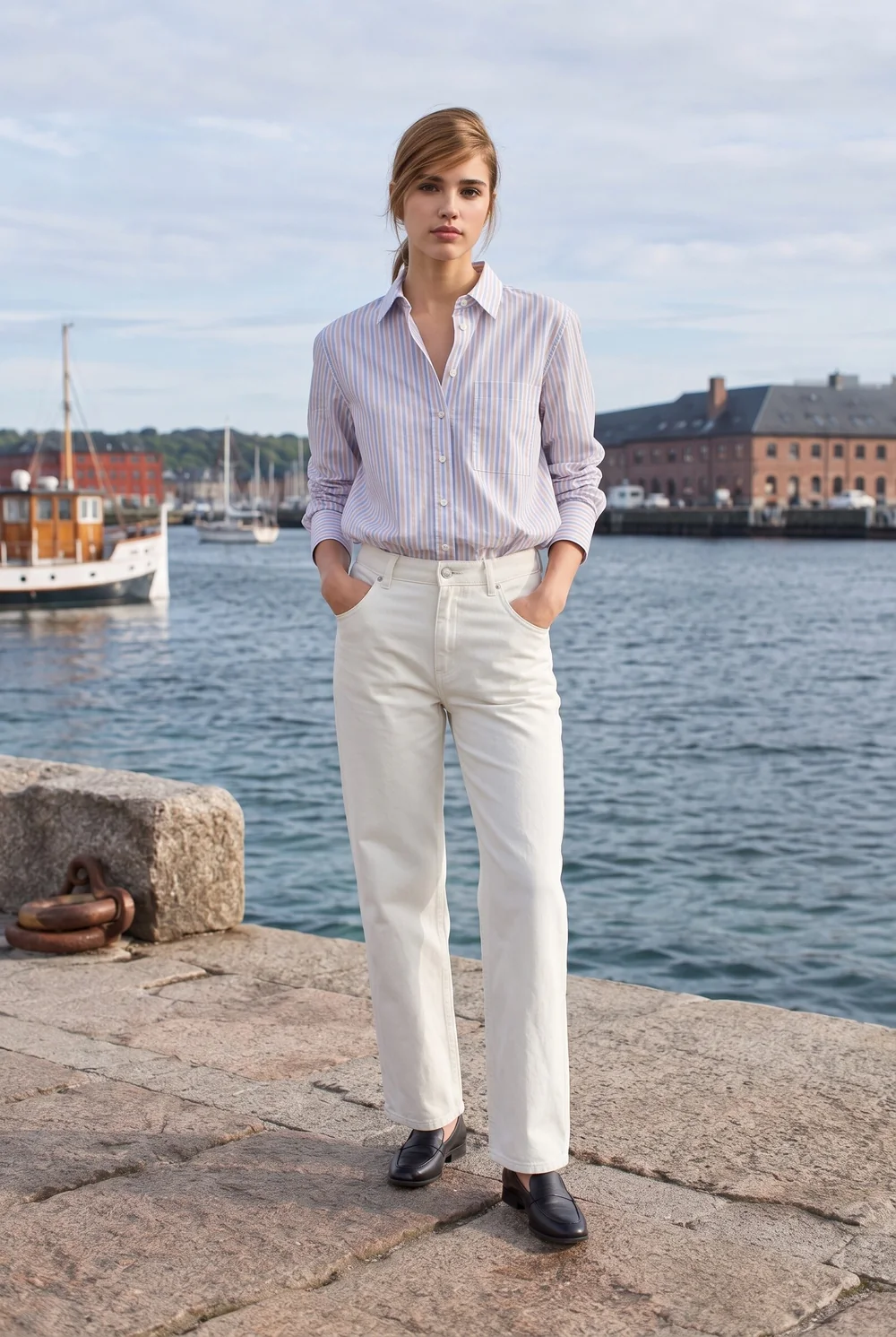 A model in the striped shirt standing on a harbor quay