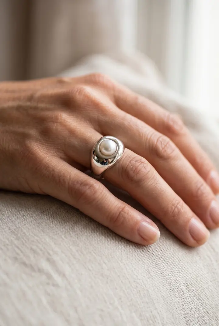 A pearl ring worn on a hand
